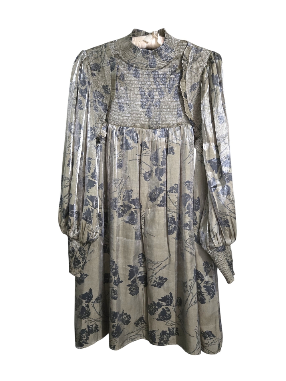 AUREUM Sage Green Metallic Floral Smocked Mini Dress Mock Neck Large Modest